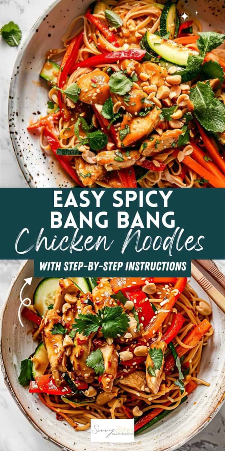 Spicy bang bang chicken noodles in a white bowl with text overlay.