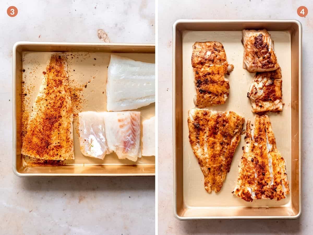 cod with blackened spice before and after pan frying