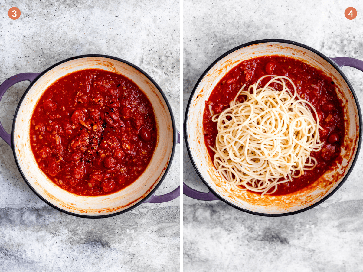 Napolitana sauce with spaghetti in a pan