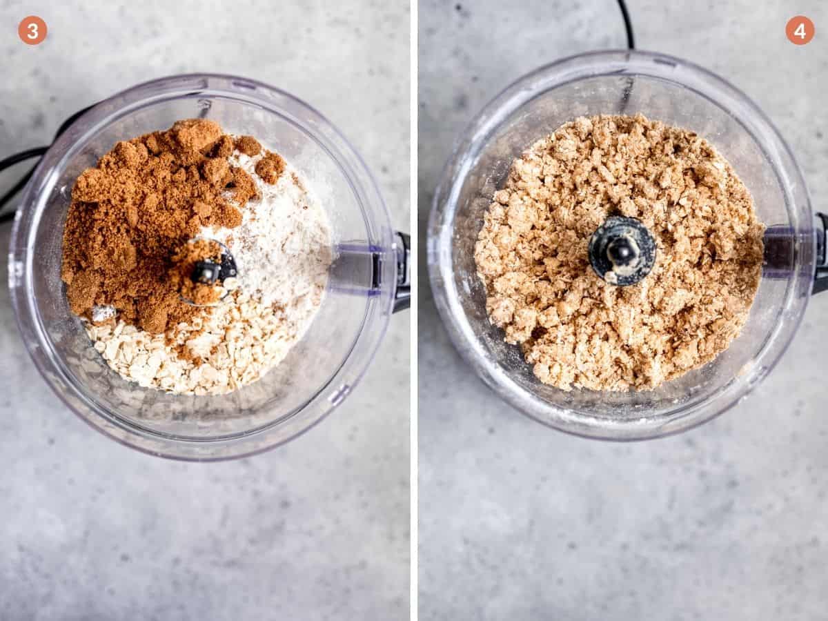 Oats, butter and sugar in a food processor for crumble topping.