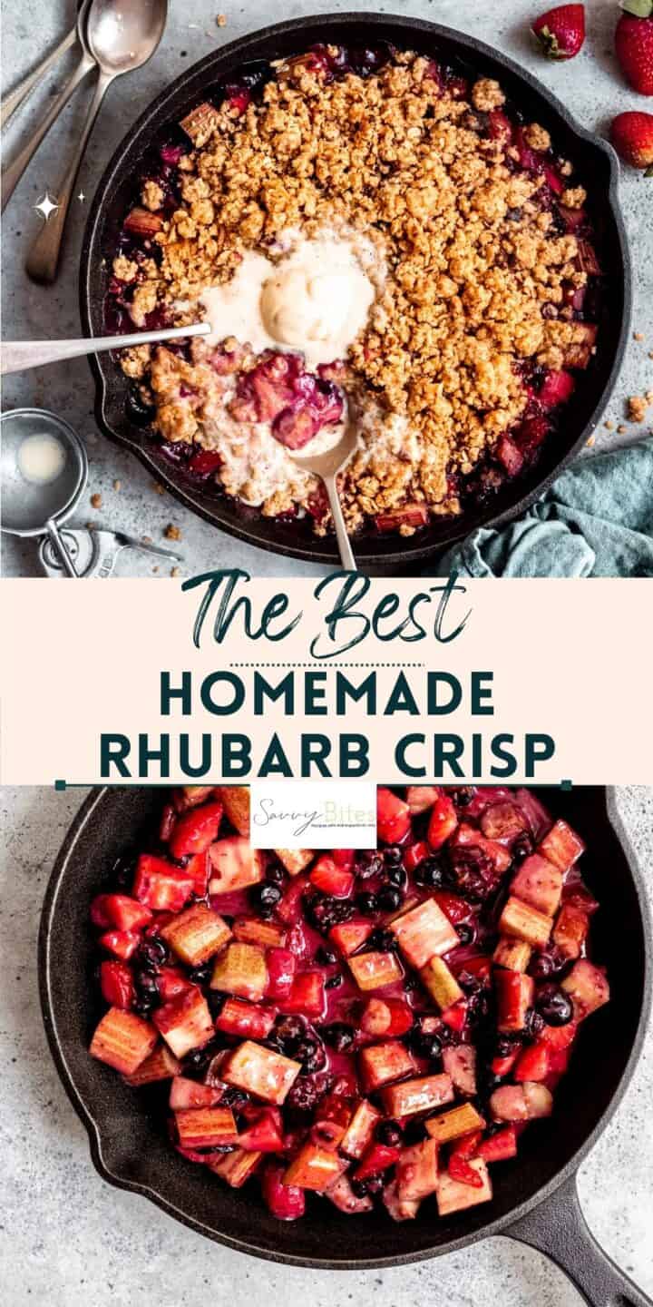 Rhubarb crisp in a skillet with text overlay on top.