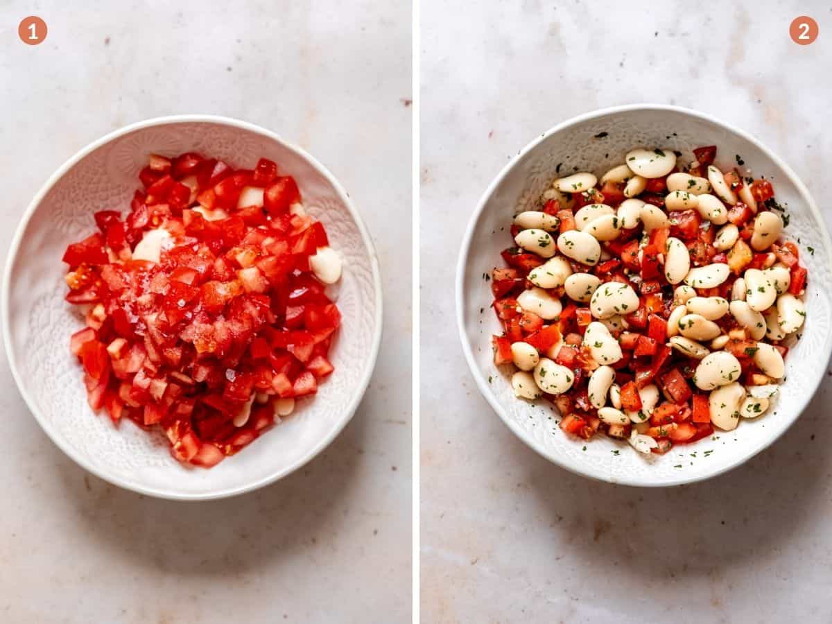 tomatoes and white bean marinating in a white bowl
