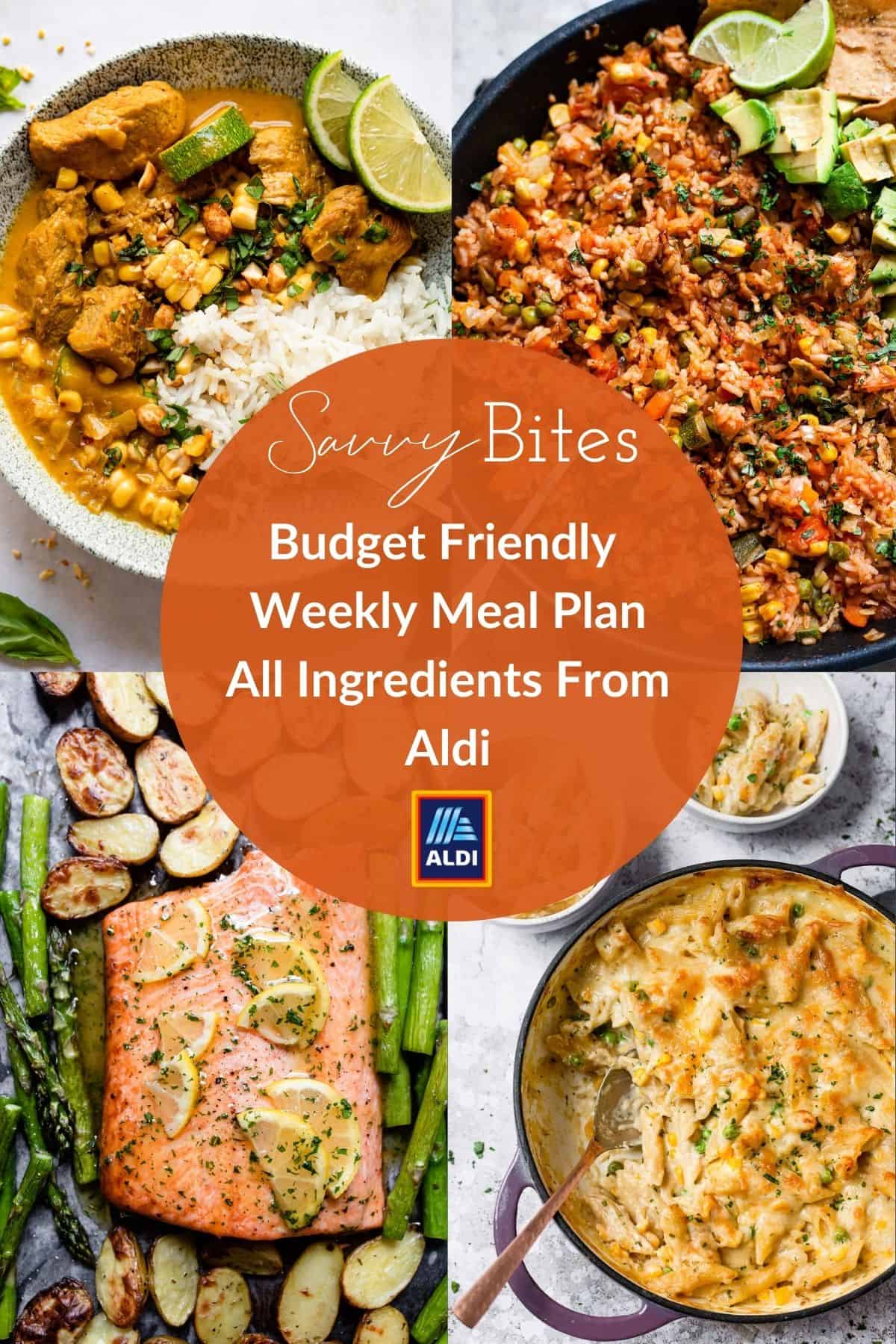 Aldi meal plan with cheap family meals. Photo collage.