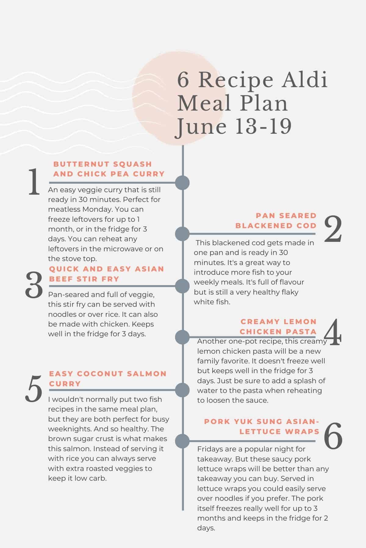 Aldi meal plan menu and tip sheet.