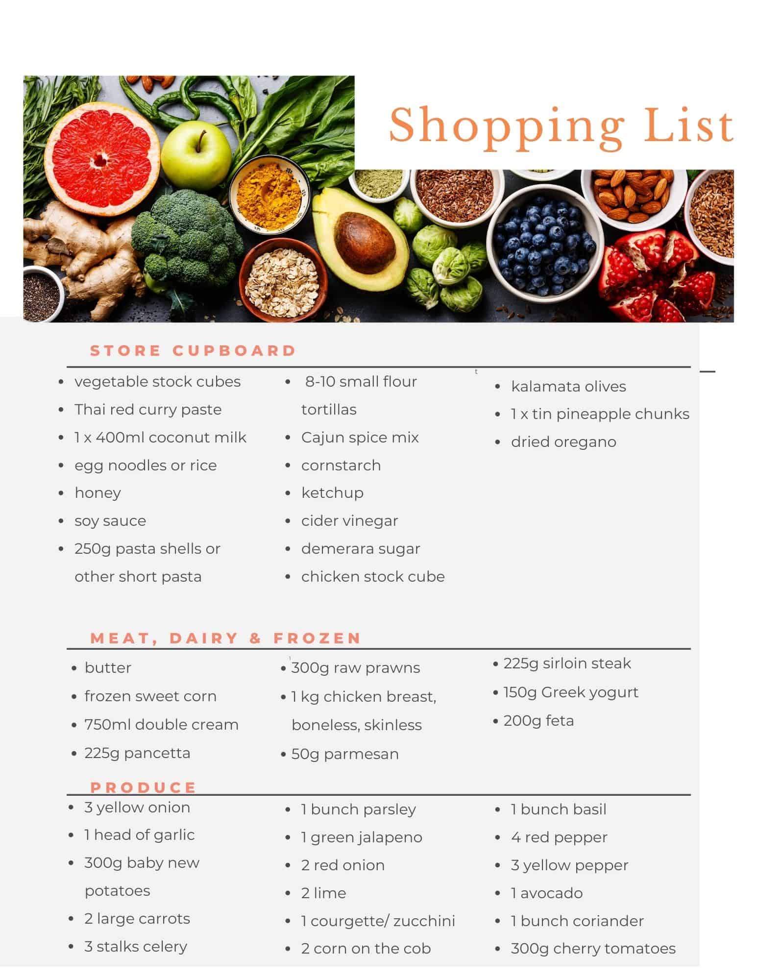 Budget meal planner shopping list.