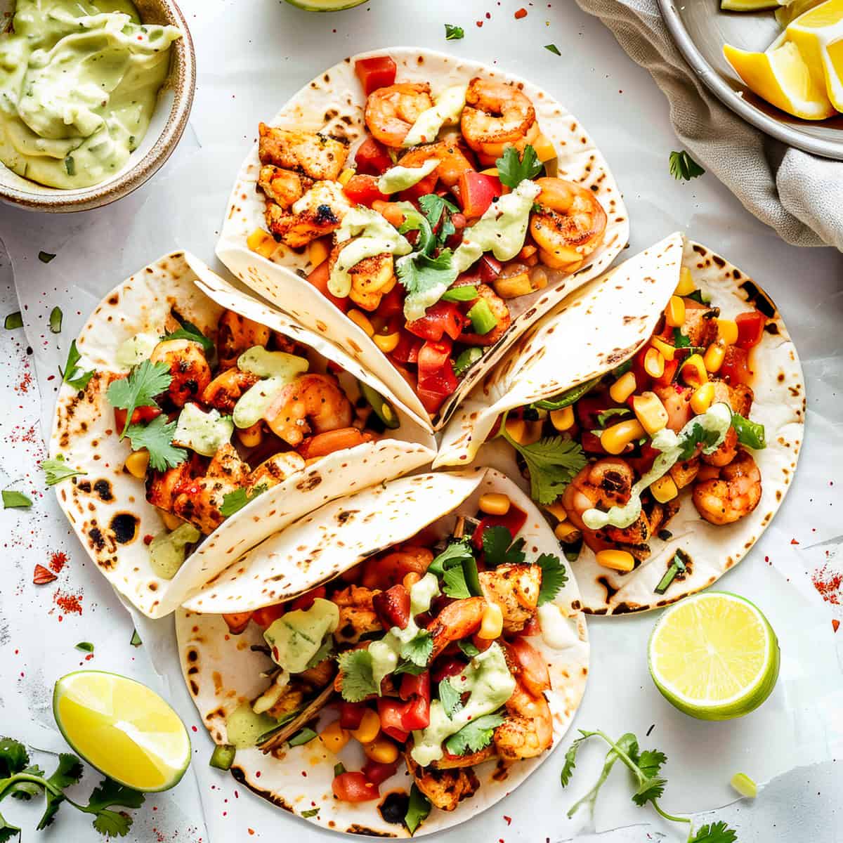 Chicken and shrimp tacos on tortillas with avocado slaw.