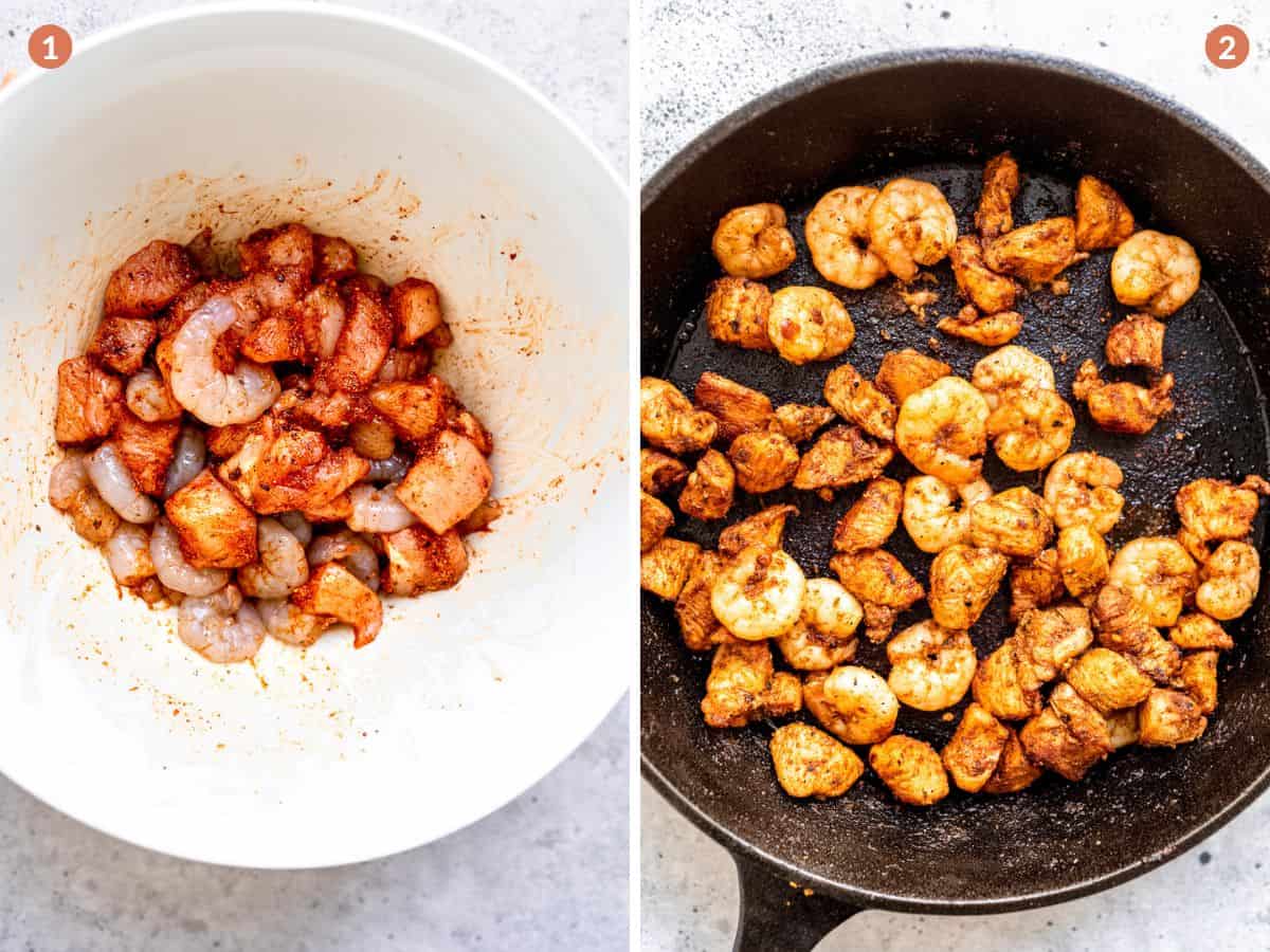 Pan-frying shrimp and chicken tossed with homemade taco seasoning.