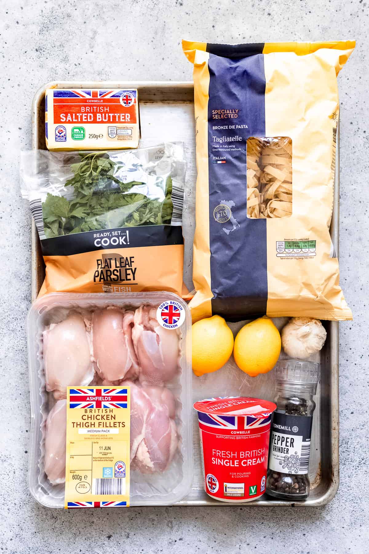 Aldi ingredients for making lemon cream sauce with chicken and pasta.