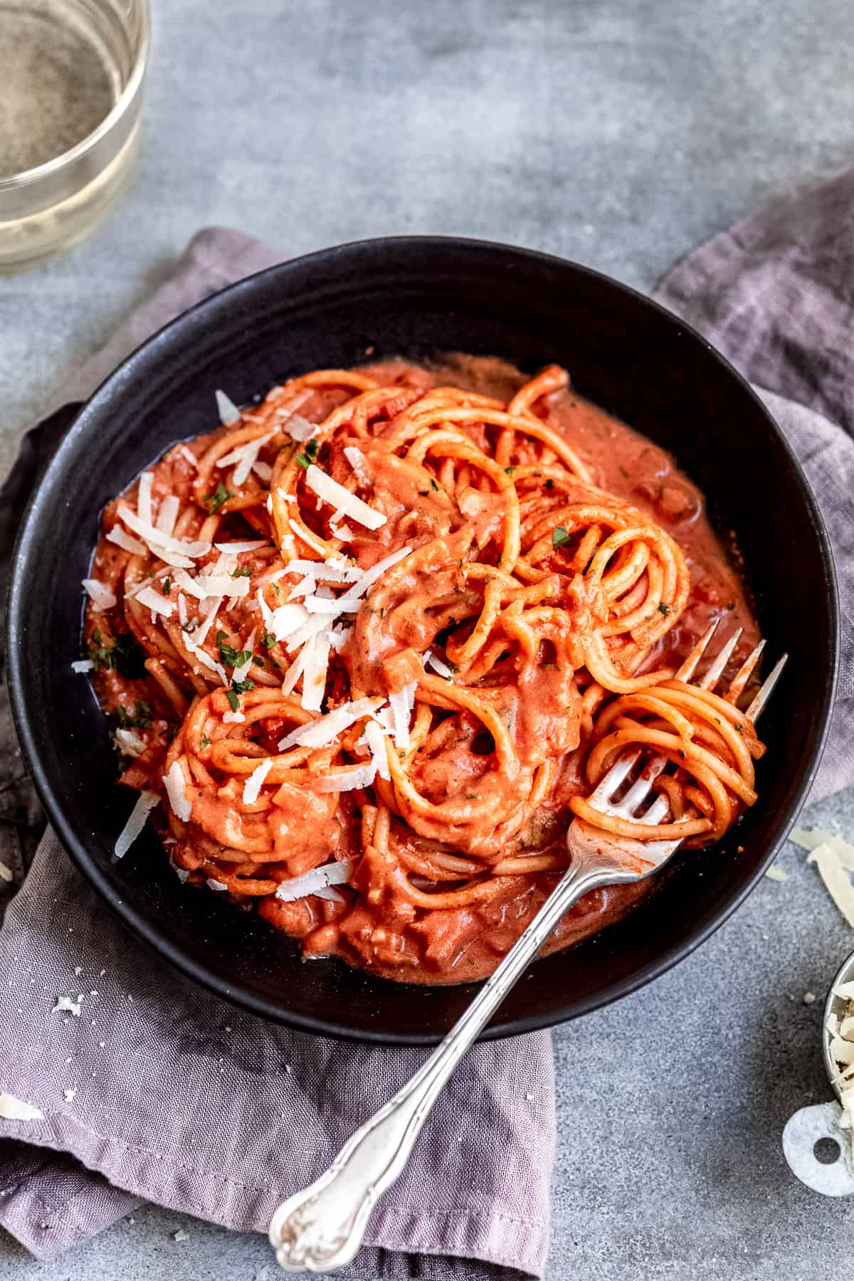 Rose pasta sauce- Pink sauce in a bowl with a fork.