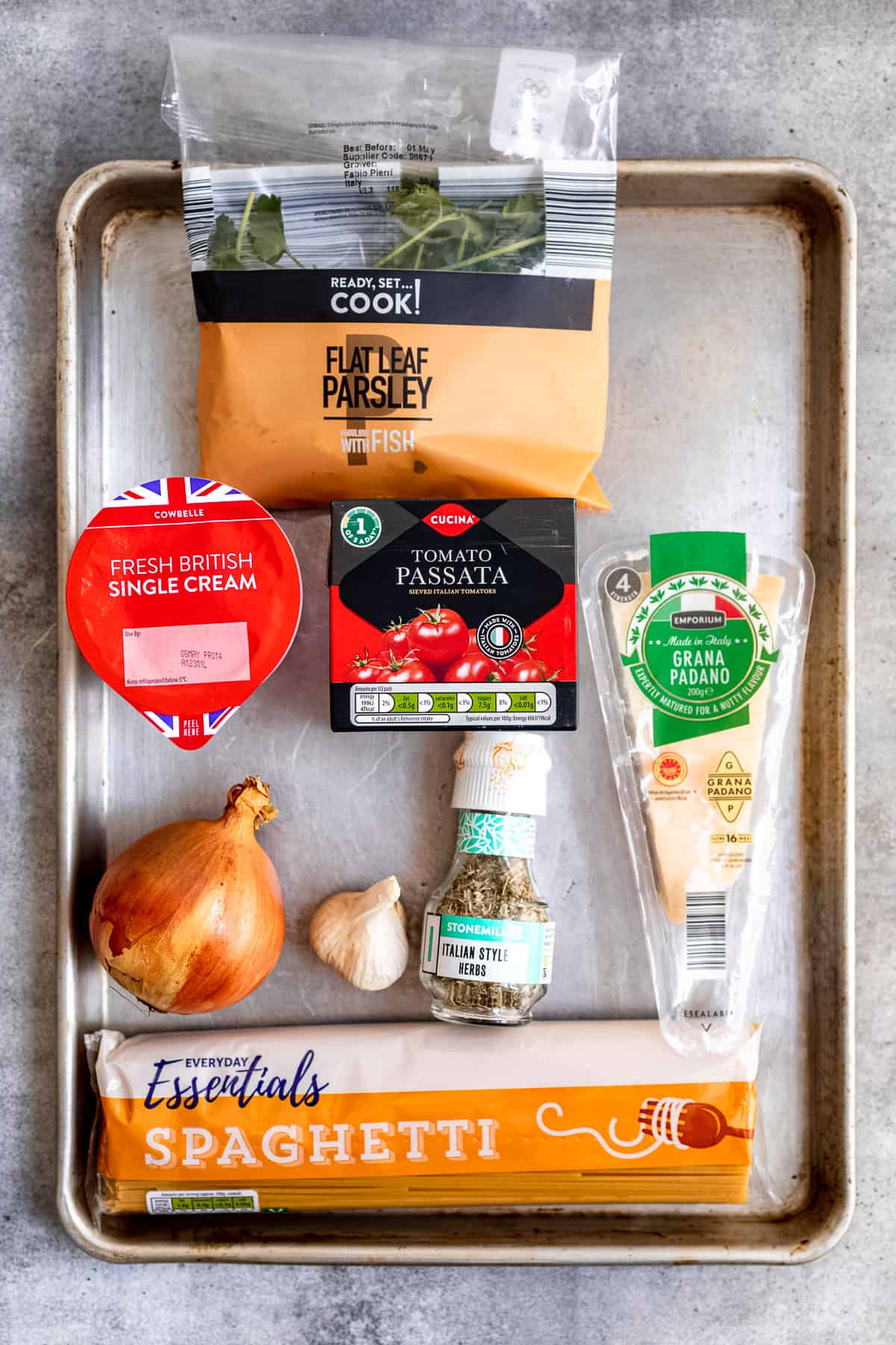 Ingredients for creamy tomato pasta sauce.