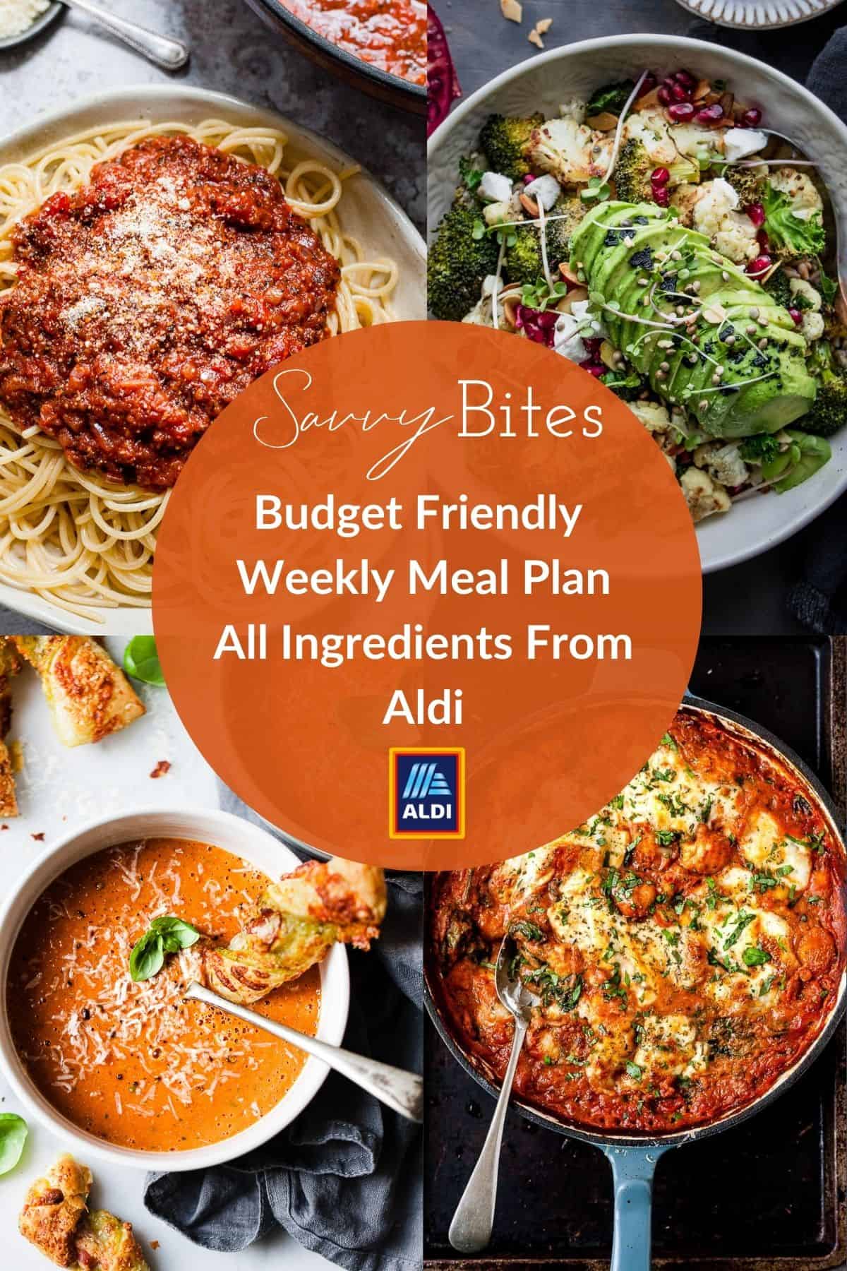 Aldi vegetarian budget meal planner photo collage.