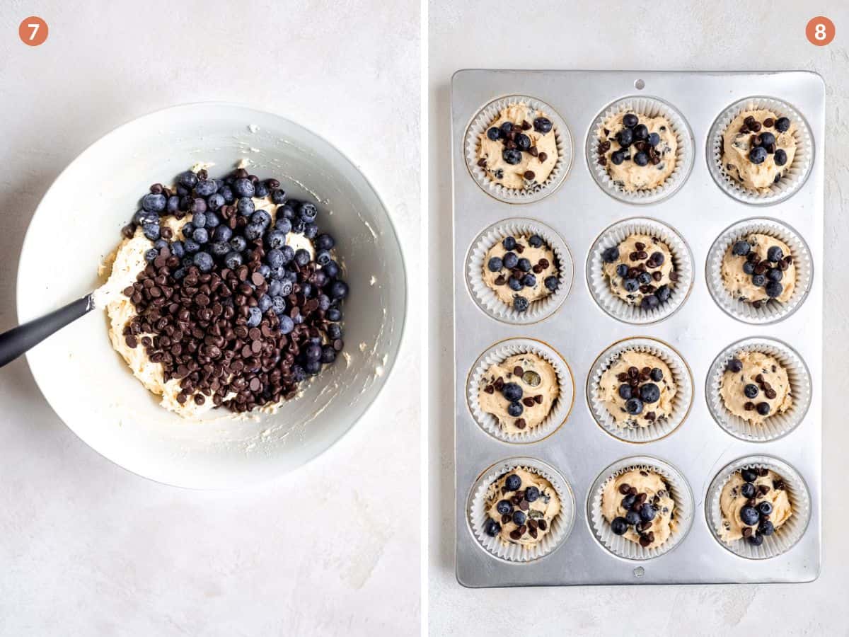 Chocolate and blueberries being added to muffin batter.