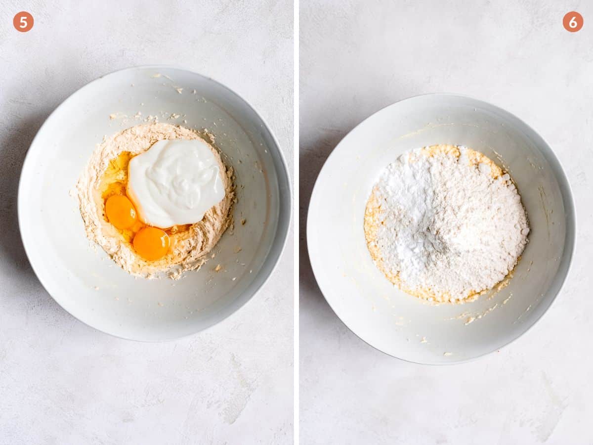 Adding flour to the eggs and yogurt or sour cream for muffin mix.