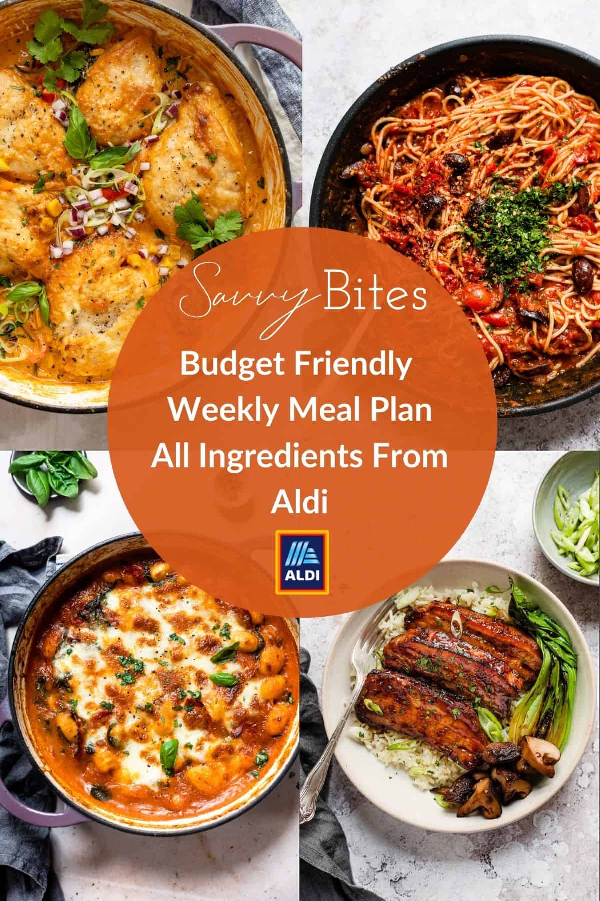 Aldi weekly budget meal plan photo collage with pasta, pork belly and Mexican chicken.