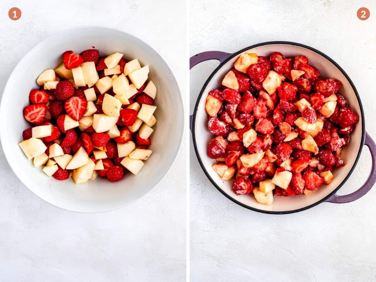 Chopped apples and strawberries for crumble.