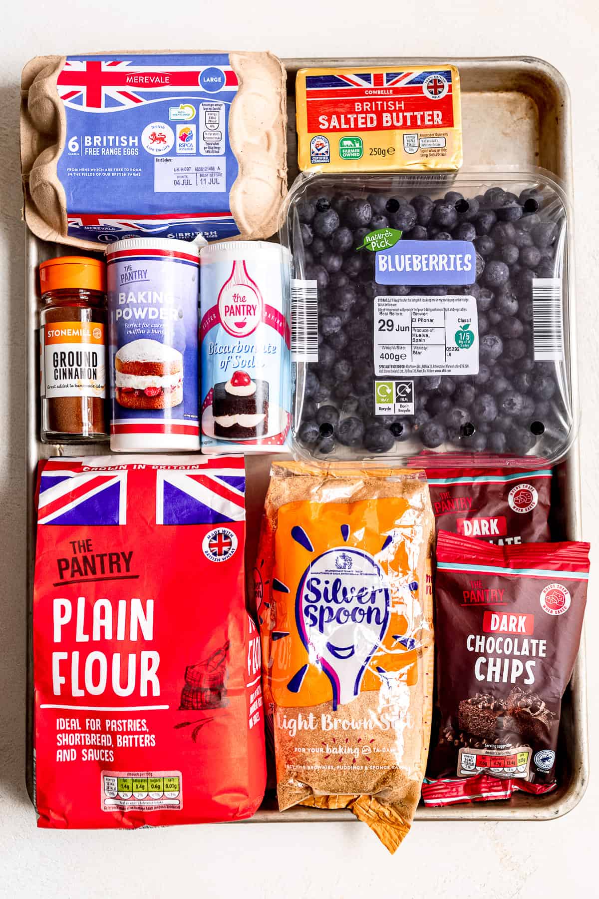 Aldi ingredients for making chocolate muffins with blueberries.