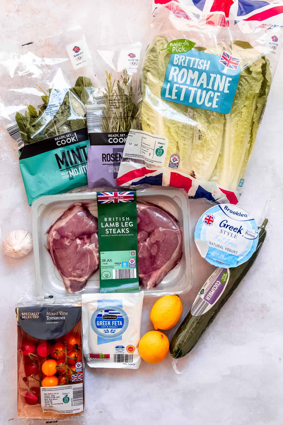 Aldi ingredients on a white table.