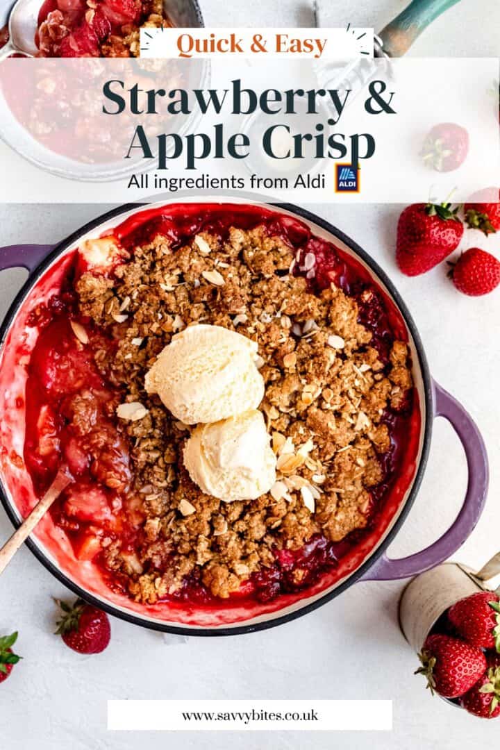 Apple and strawberry crumble with ice cream.