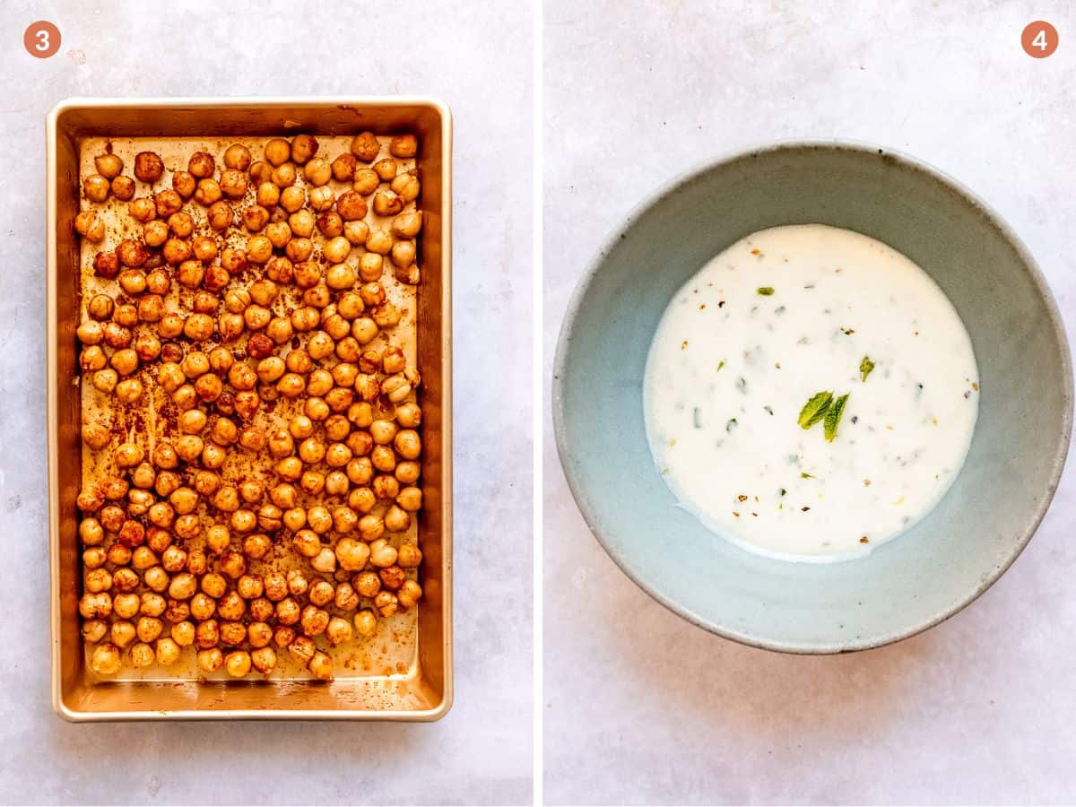 Crispy chickpeas and tzatziki dressing for gyro salad.