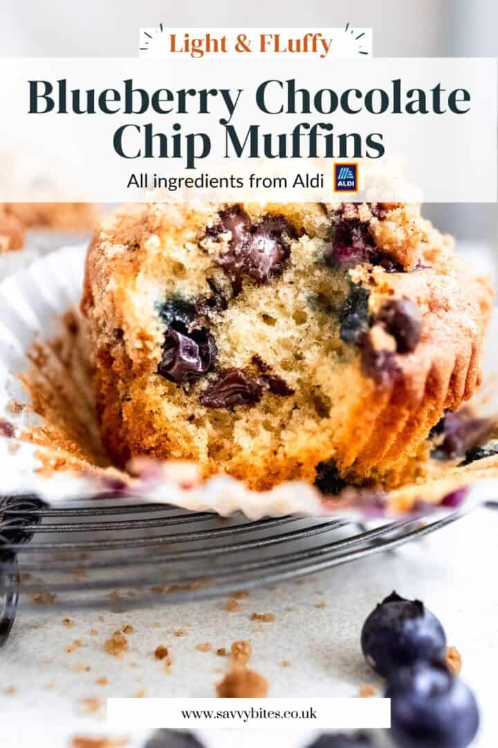 Blueberry chocolate chip muffin on a cooling rack with text overlay.