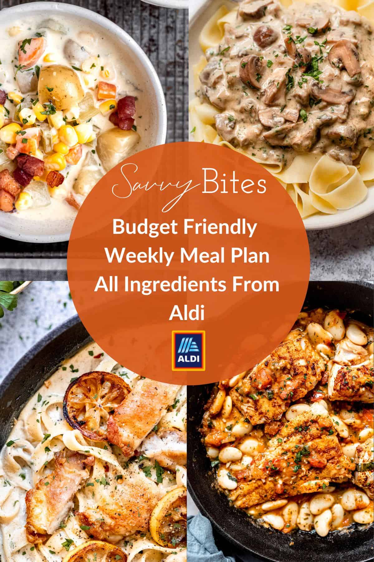 Aldi budget meal plan photo collage of recipes.