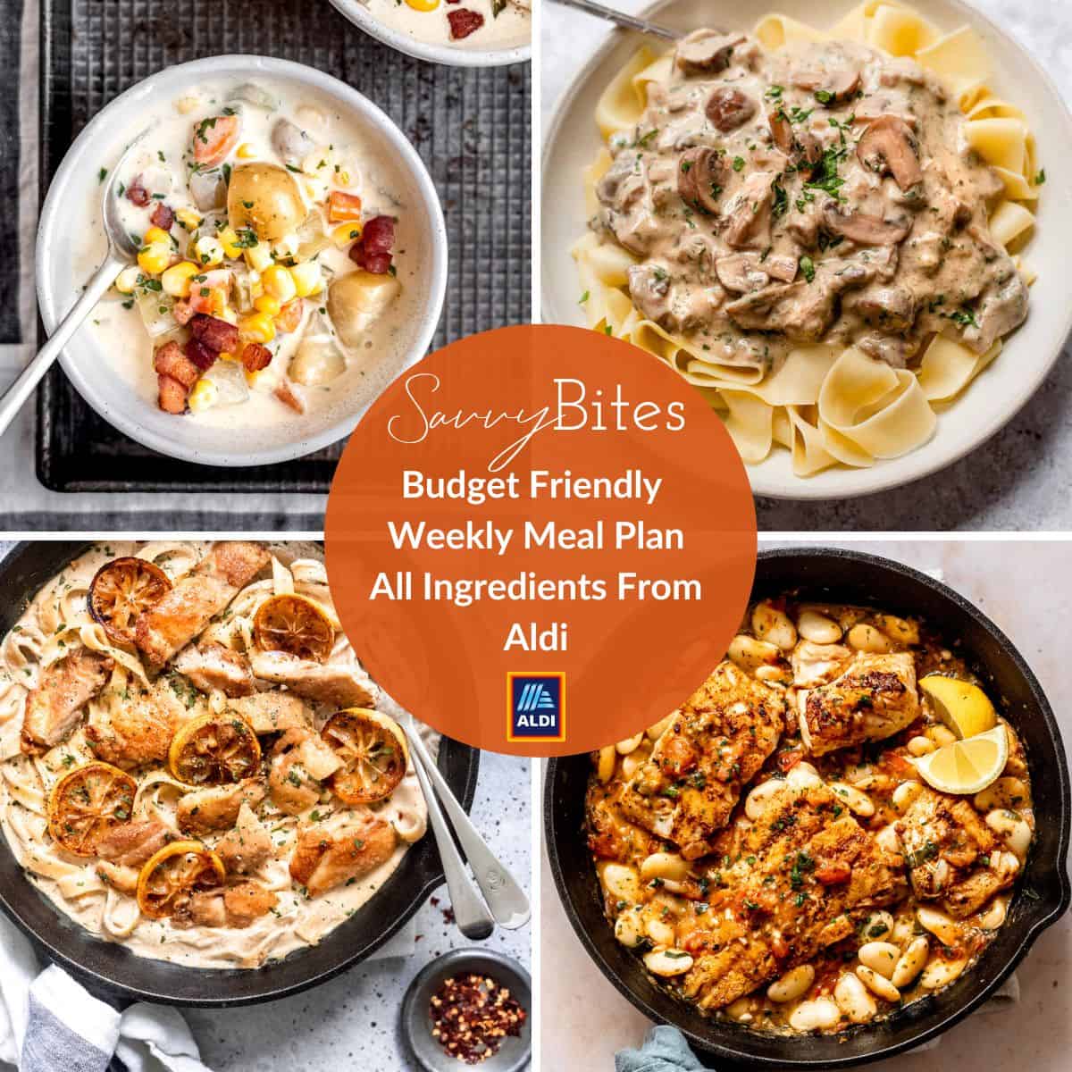 Aldi budget meal plan with text overlay.