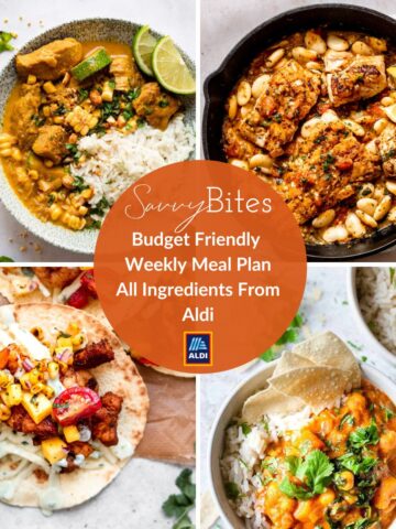 Budget meal planner with Aldi ingredients photo collage.