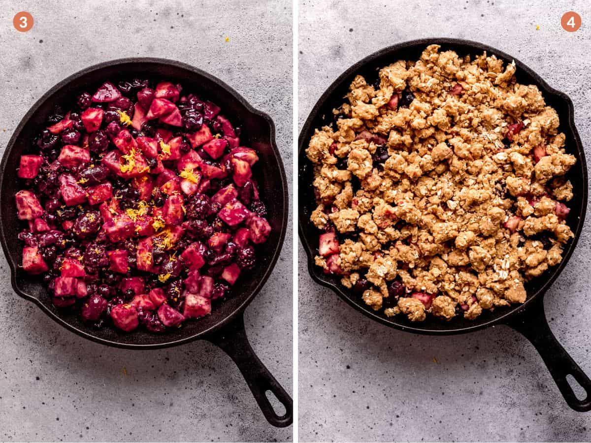 Apples and blackberries in a skillet with crumble topping.