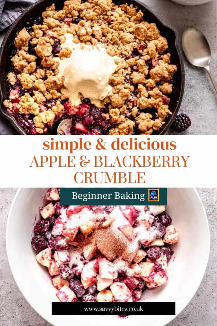 Apple and blackberry crumble in a skillet with text overlay.