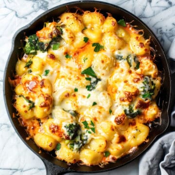 Broccoli Gnocchi in a skillet baked with cheese.
