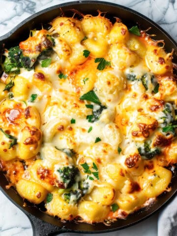 Broccoli Gnocchi in a skillet baked with cheese.