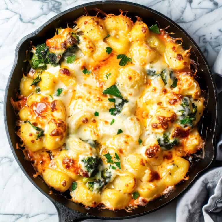 Broccoli Gnocchi in a skillet baked with cheese.