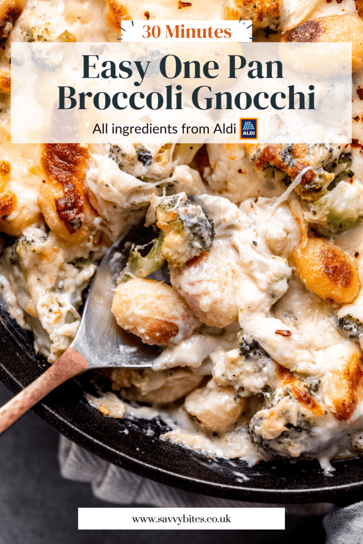 Broccoli gnocchi in a pan with text overlay.