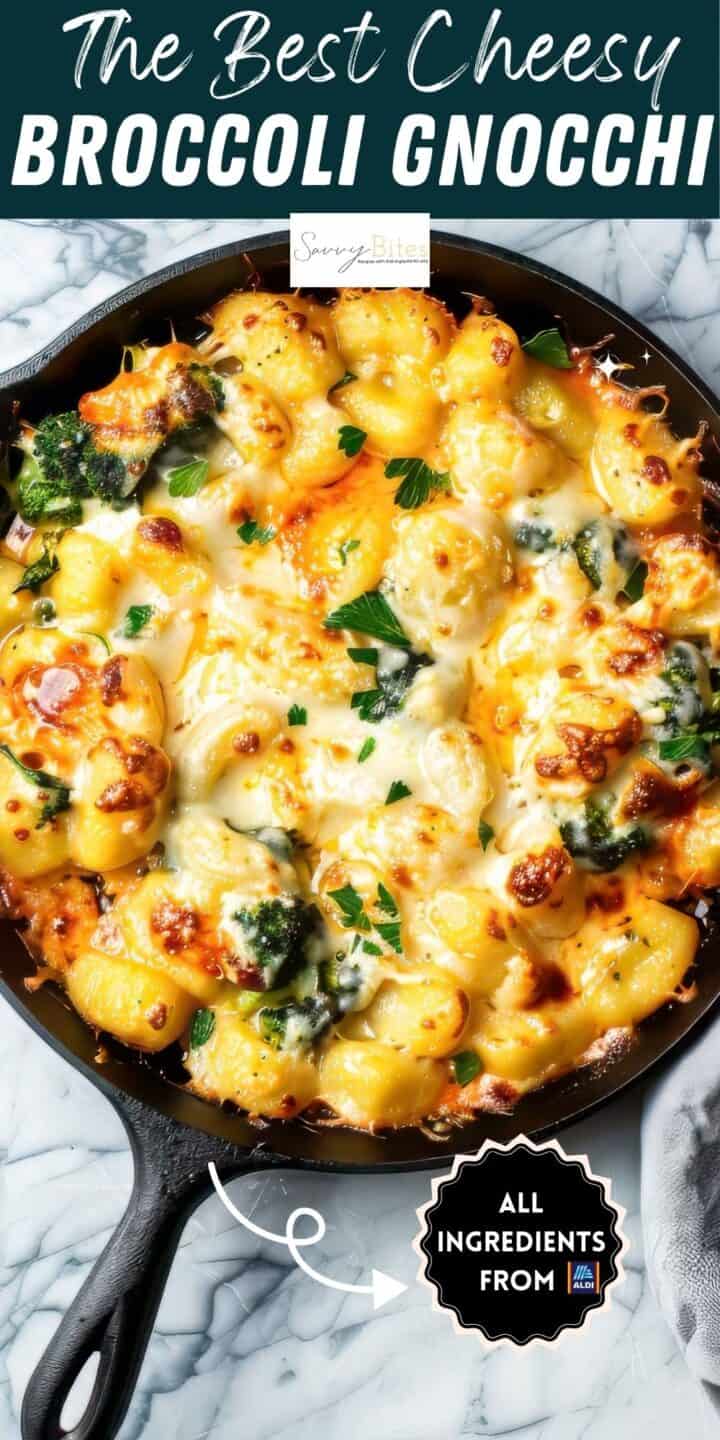 Broccoli gnocchi with cheese in a skillet.