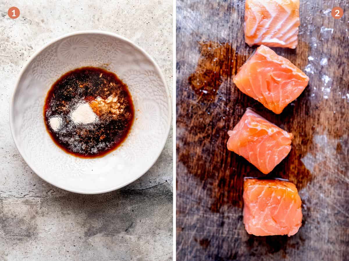 Salmon stir fry marinade in a bowl.