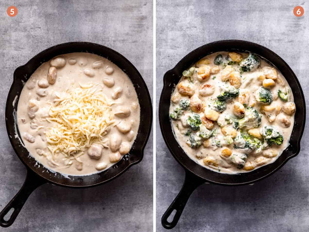 Creamy broccoli gnocchi in a pan with cheese.