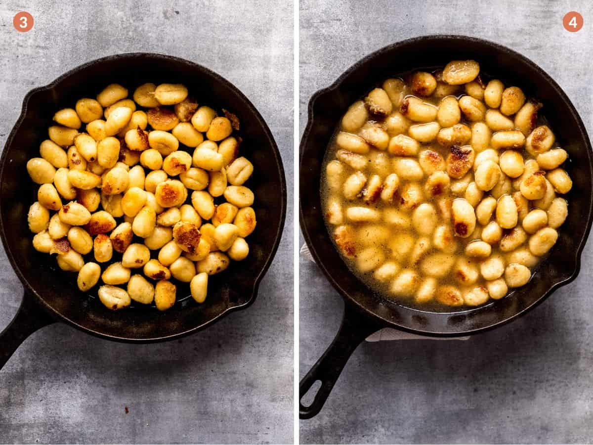 Pan fried gnocchi and some vegetable stock.