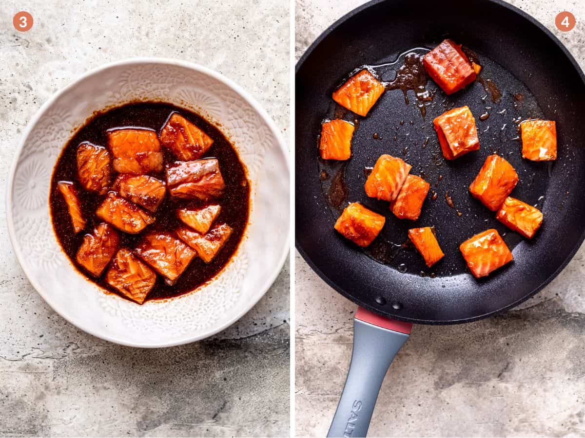 Stir-frying the marinated salmon.