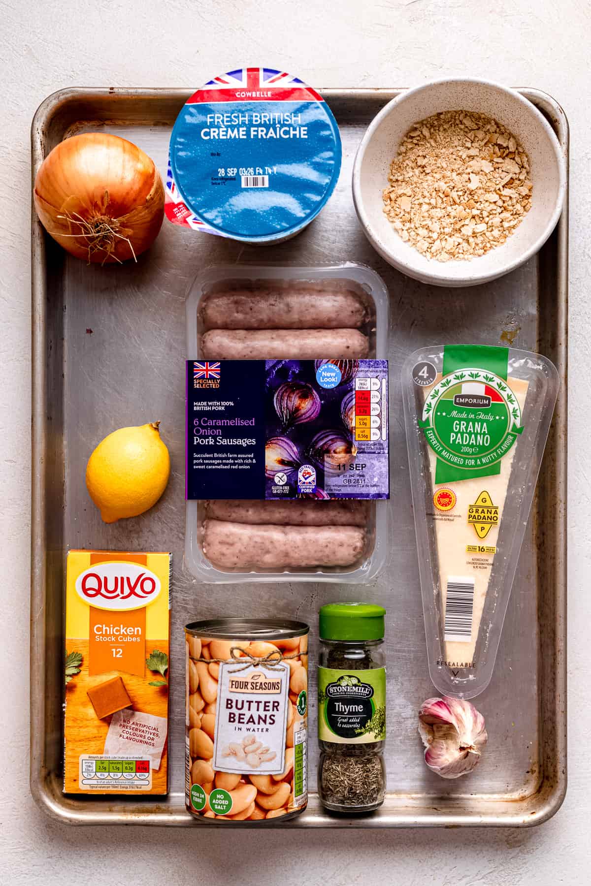 Aldi ingredients for sausage and bean casserole.