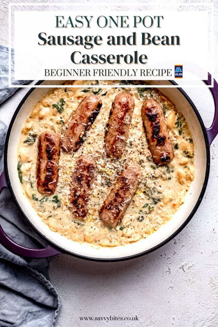Sausage and bean casserole in a skillet with text overlay.