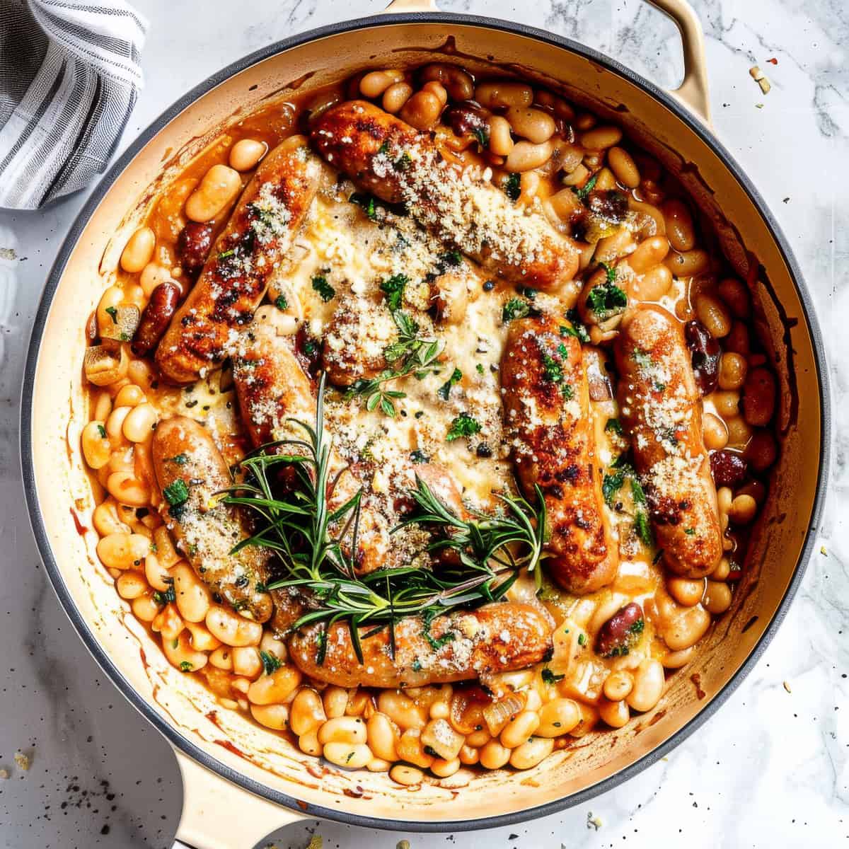 Sausage and bean casserole in a skillet.