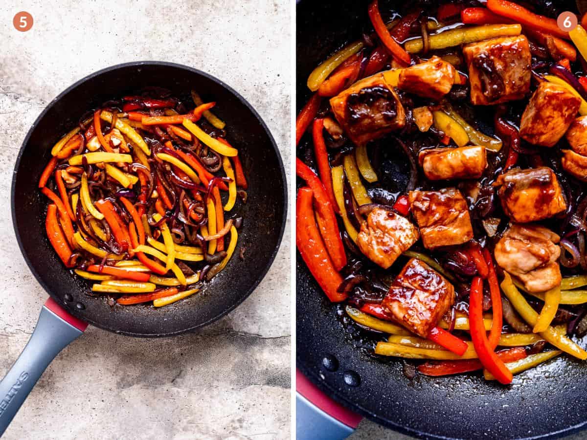 Cooking the peppers in the homemade teriyaki sauce.