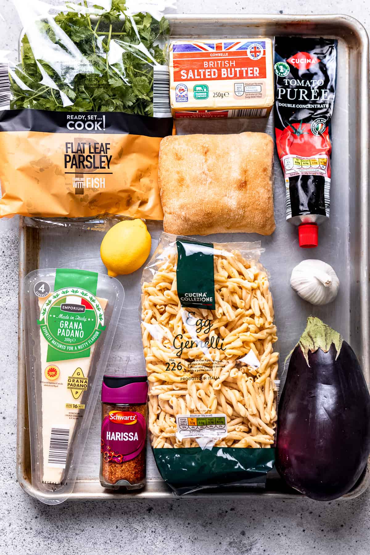 Aldi ingredients for aubergine pasta.