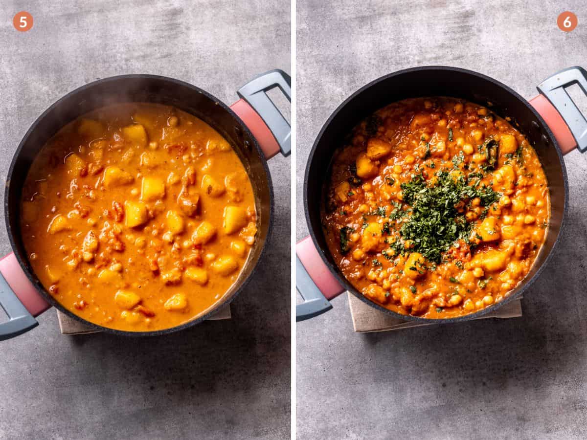 Butternut squash and chickpea curry in a pan.