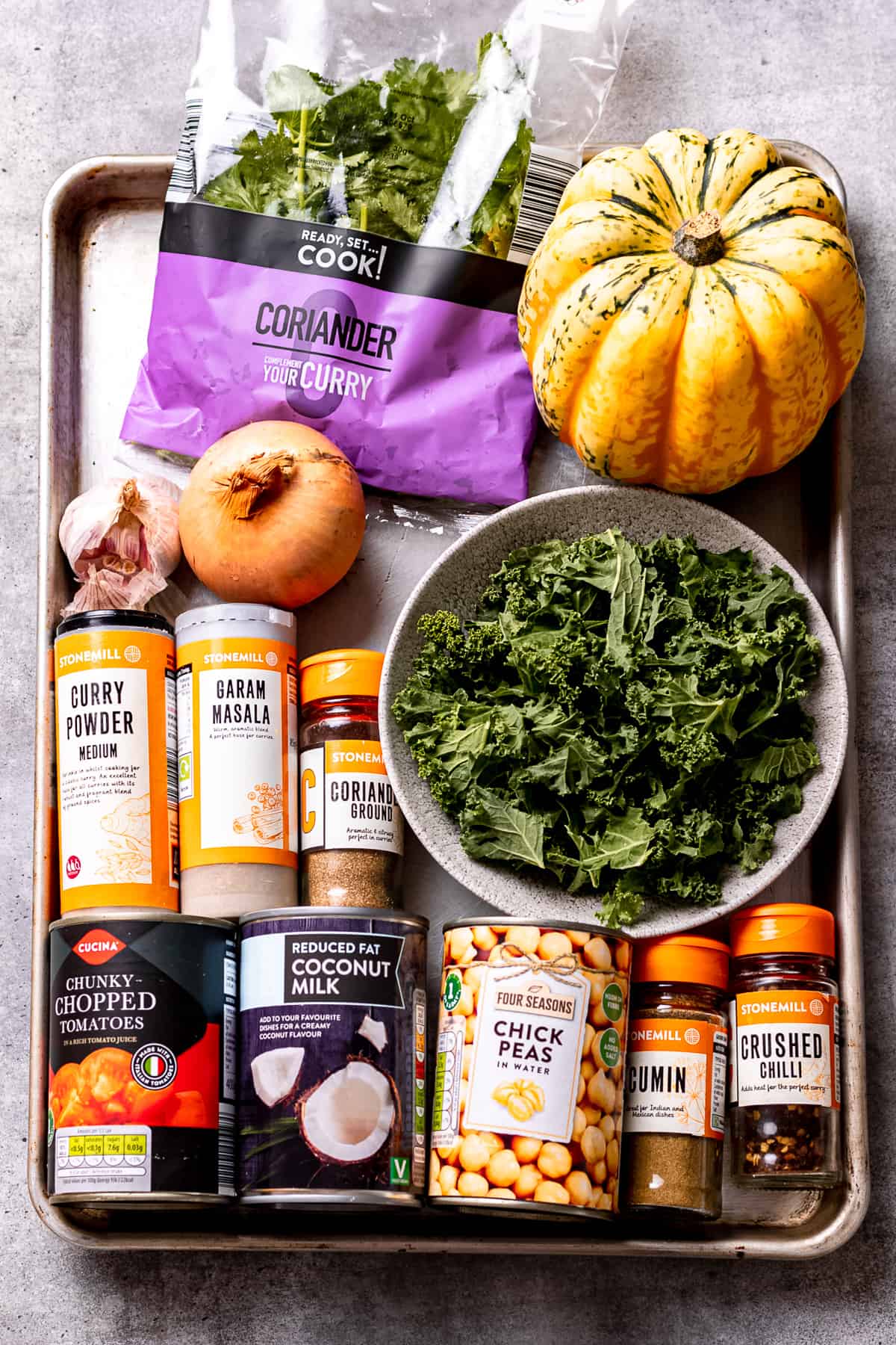 Aldi ingredients for butternut squash curry with chickpeas.