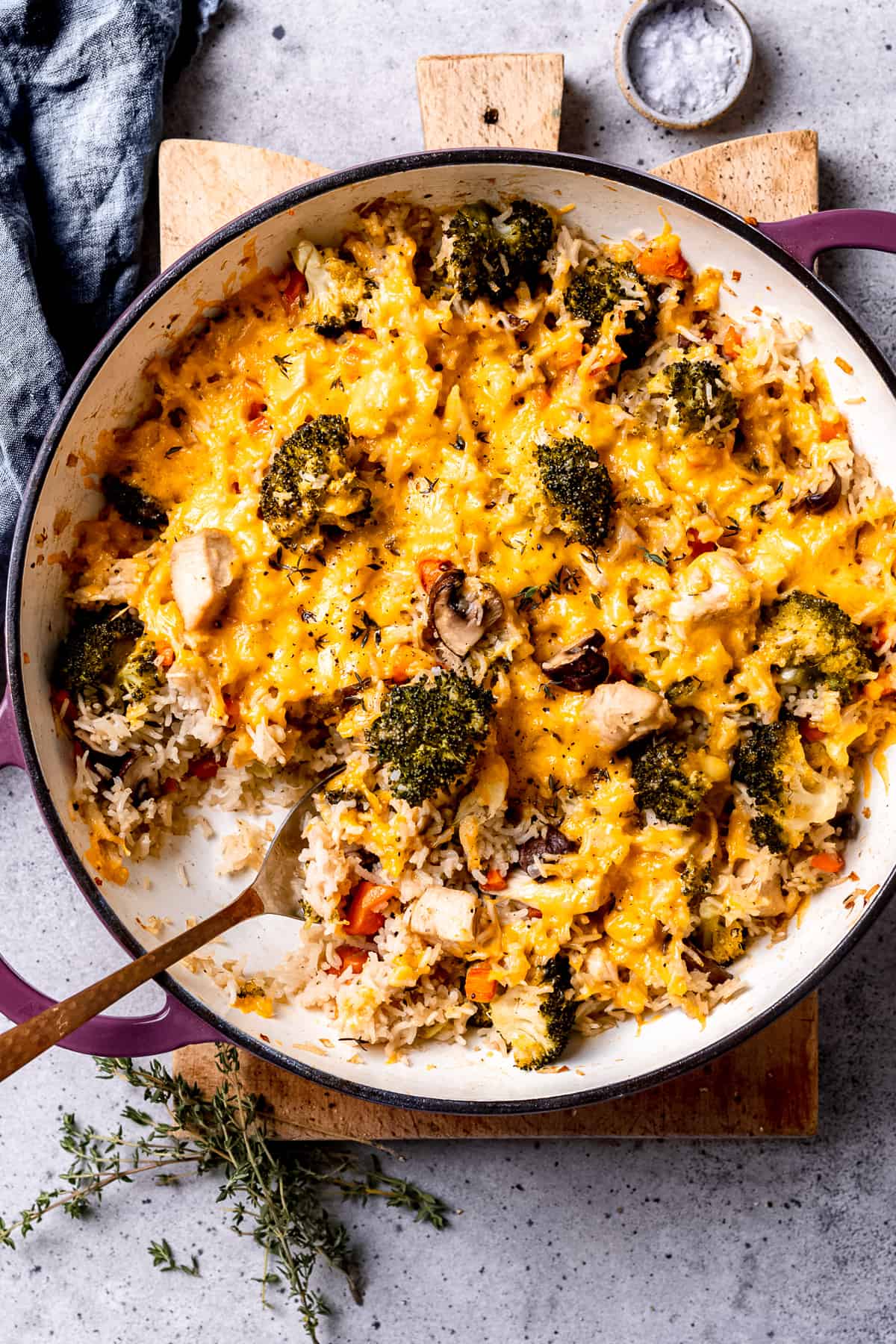 Chicken and broccoli bake with cheese and rice.