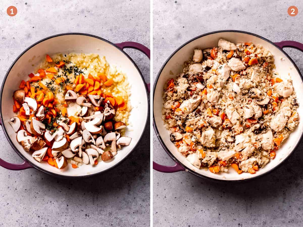 Vegetables and rice are sautéd in butter for a chicken casserole with broccoli.