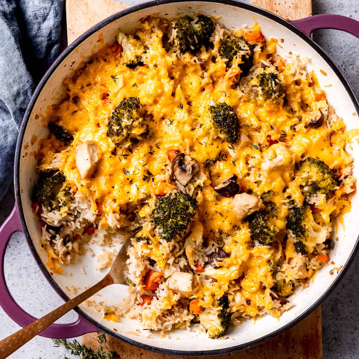 Cheddar topped chicken and broccoli casserole with cheese.