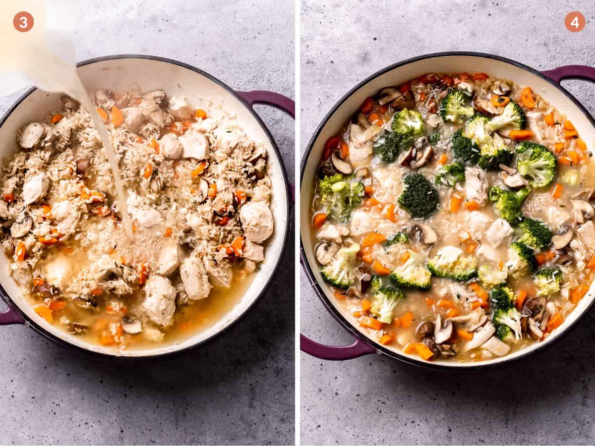 Stock being added to a pan with broccoli and chicken before baking.