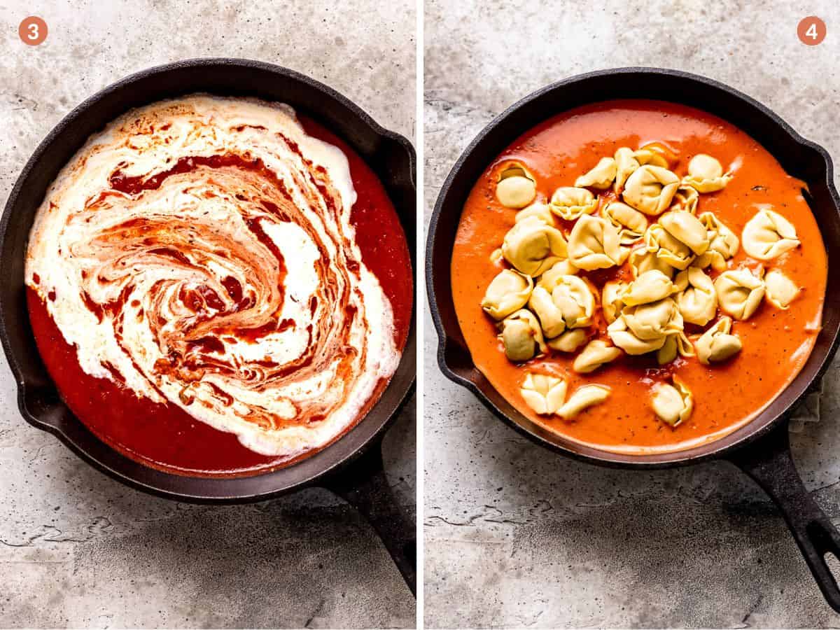 Cream being swirled into tomato sauce.